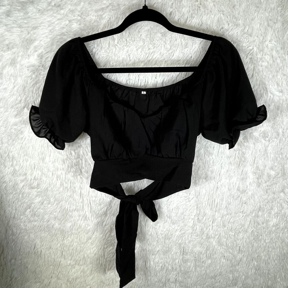 Boutique Tie Back Black Crop Top Peasant Blouse Womens Size Large